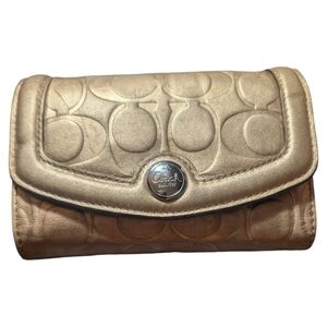 Metallic Gold Coach Embossed Trifold Wallet